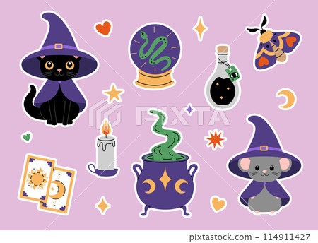 Cute magical set of stickers. Cat, mouse, cauldron, ball, potion, candle, cards and moth. Witchcraft and esoteric elements. Vector illustration 114911427