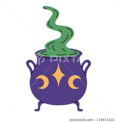 Purple witches cauldron with brewing green potion isolated on white background. Pot with star and moons. Witchcraft vector flat illustration Purple witches cauldron with brewing green potion isolated on white background. Pot with star and moons. Witchcraft vector flat illustration 114911428