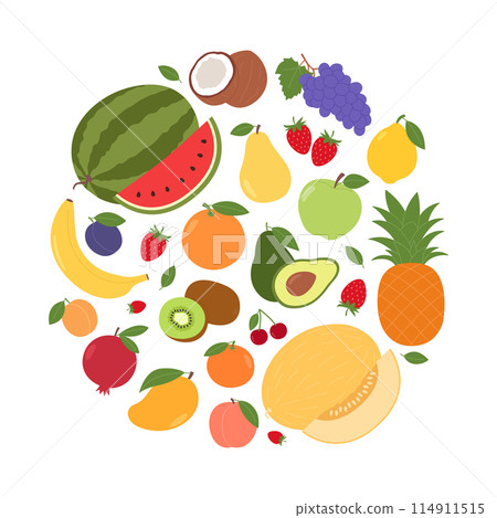 Set of different fruits and berries in circle shape. Natural tropical fruits. Organic, vegetarian food. Healthy eating. Vector flat illustration isolated on white background Set of different fruits and berries in circle shape. Natural tropical fruits. Organic, vegetarian food. Healthy eating. Vector flat illustration isolated on white background 114911515