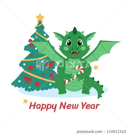 Cute green dragon with candy cane and christmas tree. Cartoon character for New Year. Vector illustration for greeting card, poster or banner 114911520