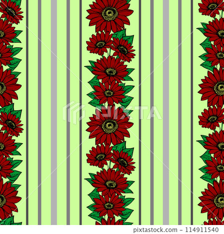 seamless vertical pattern of stripes and red flowers, texture, background 114911540