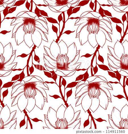 simple graphic seamless pattern of red magnolia flowers on a white background, texture simple graphic seamless pattern of red magnolia flowers on a white background, texture 114911560