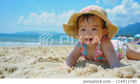 寶寶在沙灘上玩耍 寶寶在沙灘上玩耍 114911790