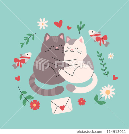 Two cute cats in love hugging together. Romantic kittens couple in frame of flowers, twigs, hearts and fish. Vector flat illustration for valentines day poster, banner, greeting card 114912011