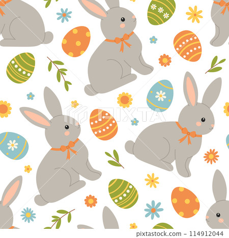 Seamless pattern with easter eggs, rabbit and flowers. Cute holiday background. Vector flat illustration on white Seamless pattern with easter eggs, rabbit and flowers. Cute holiday background. Vector flat illustration on white 114912044