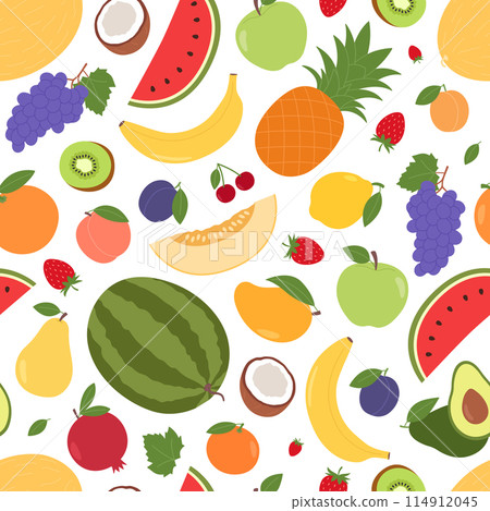 Seamless pattern with different fruits and berries. Natural tropical fruits. Organic, vegetarian food. Healthy eating. Vector flat illustration isolated on white background 114912045