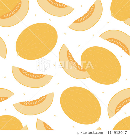 Seamless pattern with melon fruit, melon slice and seeds. Fresh and juicy berry. Vector flat illustration isolated on white background Seamless pattern with melon fruit, melon slice and seeds. Fresh and juicy berry. Vector flat illustration isolated on white background 114912047