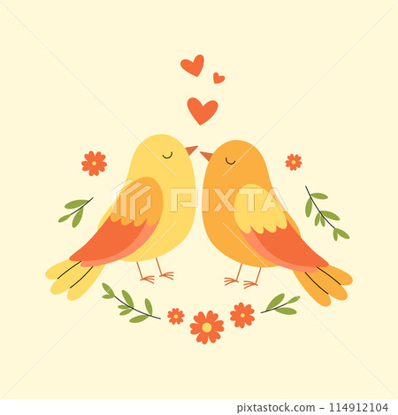 Two birds in love sitting together. Romantic birds couple with flowers, twigs and hearts. Vector flat illustration for valentines day poster, banner, greeting card 114912104