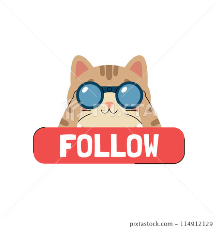 Sticker follow with cute cat character watching through binoculars. Call to action sticker for social networks. Red button with animal. Vector illustration isolated on white background 114912129