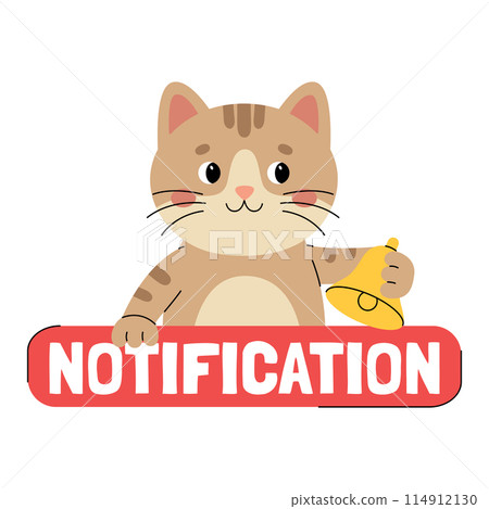 Sticker notification with cute cat character with bell. Call to action sticker for social networks. Red button with animal. Vector illustration isolated on white background 114912130