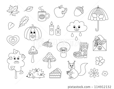 Retro 70s groovy fall autumn elements coloring page. Funky hippie outline set with cartoon pumpkin, leaves, mushrooms, tree, umbrella, rubber boots etc. Coloring book for print 114912132