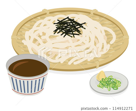 [Vector] Illustration of delicious Zaru Udon (cold udon noodles). Served with dipping sauce and condiments (ginger and green onions), a summer Japanese dish. 114912271