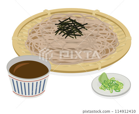 【向量圖】手繪風格的美味笊籬蕎麥麵(冷蕎麥麵)插圖。附沾醬和調味料(芥末、蔥花和海苔)。 【向量圖】手繪風格的美味笊籬蕎麥麵(冷蕎麥麵)插圖。附沾醬和調味料(芥末、蔥花和海苔)。 114912410