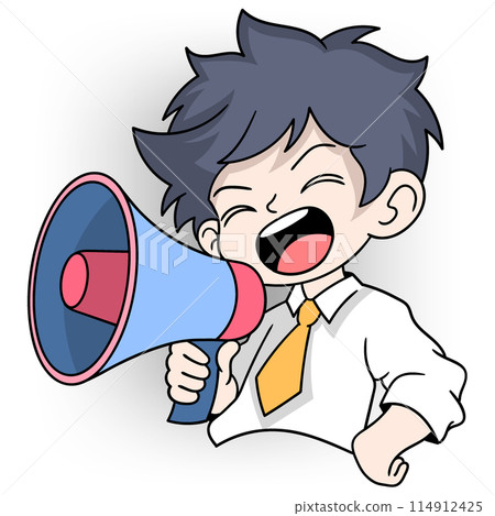 marketing worker shouting using a megaphone to announce sales discounts marketing worker shouting using a megaphone to announce sales discounts 114912425