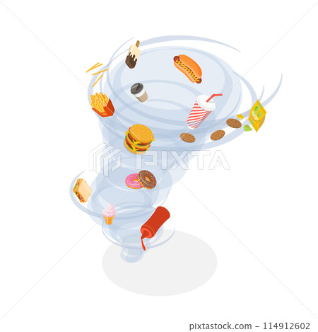 3D Isometric Flat  Illustration of Calories Hurricane, Unhealthy Fast Food Meals 114912602
