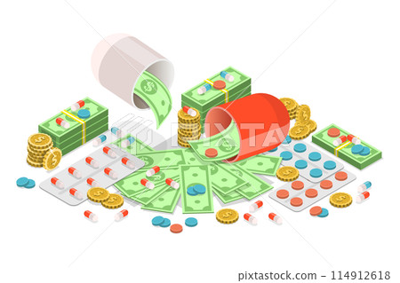3D Isometric Flat  Illustration of Expensive Unaffordable Drugs, Health Care Costs 114912618