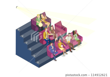 3D Isometric Flat Illustration of People Watching Movie, Cinema Theater 3D Isometric Flat Illustration of People Watching Movie, Cinema Theater 114912621