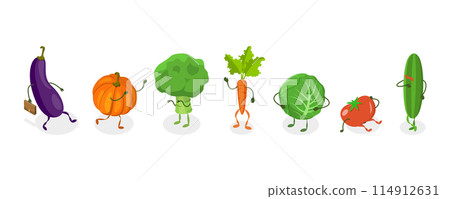 3D Isometric Flat  Set of Cute Vegetables, Funny Food Characters 114912631