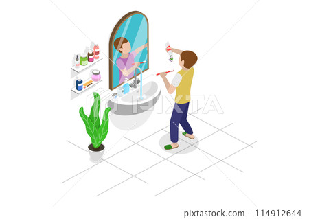 3D Isometric Flat Illustration of Cleanliness And Hygiene, Morning Routine 3D Isometric Flat Illustration of Cleanliness And Hygiene, Morning Routine 114912644