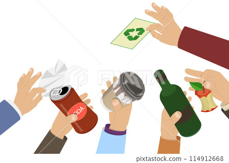 3D Isometric Flat Illustration of Hands Holding Garbage, Waste Recycling 3D Isometric Flat Illustration of Hands Holding Garbage, Waste Recycling 114912668