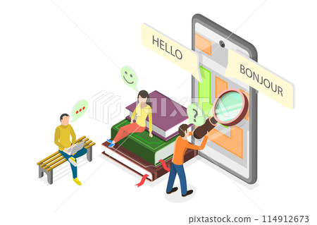 3D Isometric Flat  Illustration of Translating App, Multilanguage Translator 114912673