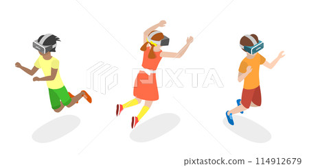3D Isometric Flat  Illustration of Kids In Virtual Reality , Happy Teenagers Gamers with VR Glasses 114912679