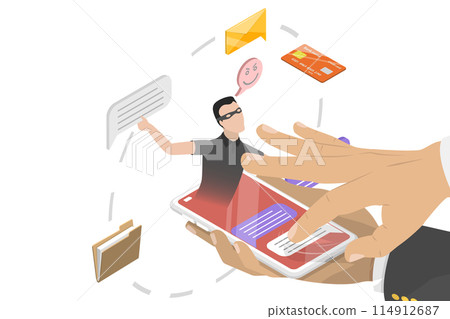 3D Isometric Flat  Illustration of Cyber Fraud In Messenger, Smishing, SMS Phishing 114912687