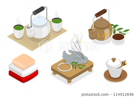 3D Isometric Flat Illustration of Chinese Tea, Hot Herbal Beverage 3D Isometric Flat Illustration of Chinese Tea, Hot Herbal Beverage 114912696
