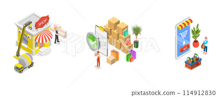 3D Isometric Flat  Conceptual Illustration of Retail Business, Sale Goods and Services to Consumers 114912830
