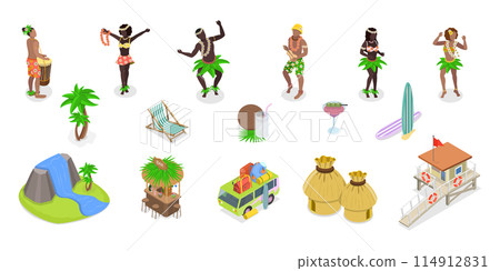 3D Isometric Flat  Set of Hawaii Elements, Cultural Attributes 114912831