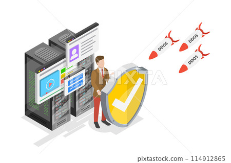 3D Isometric Flat  Conceptual Illustration of Ddos Attack, Hackers Attacking Server or Database 114912865