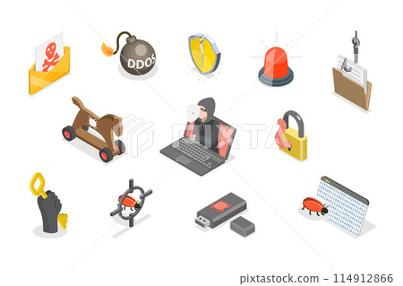 3D Isometric Flat  Set of Hacker Icons, Cyber Crime 114912866