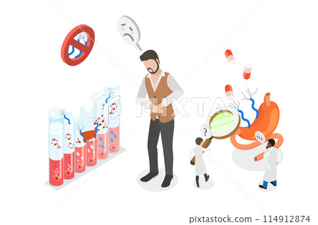 3D Isometric Flat  Conceptual Illustration of Helicobacter Pylori Infection, Problems with Intestines or Digestion 114912874
