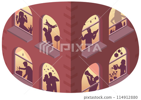 3D Isometric Flat  Conceptual Illustration of Windows With Silhouettes , City Building at Night 114912880