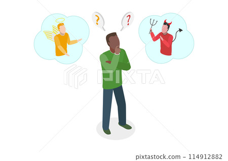 3D Isometric Flat  Conceptual Illustration of Right Or Wrong Decision, Shoulder Devil and Angel 114912882