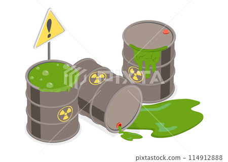 3D Isometric Flat  Conceptual Illustration of Radioactive Contamination, Barrels of Chemical Waste 114912888