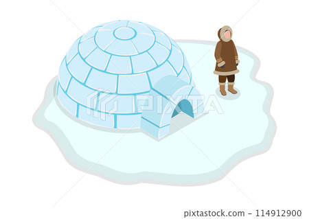 3D Isometric Flat  Conceptual Illustration of Inuit Culture, Character in Traditional Clothes 114912900