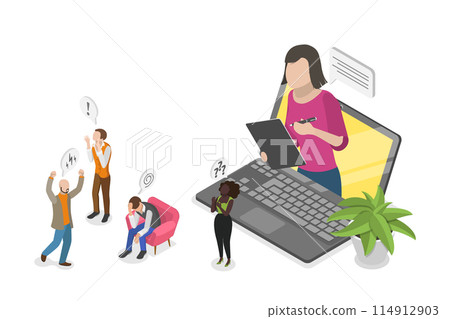 3D Isometric Flat  Conceptual Illustration of Online Psychotherapy Consultation, Psychologist Solves the Problem 114912903