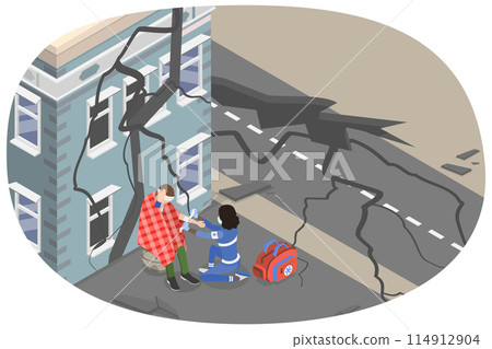3D Isometric Flat  Conceptual Illustration of Earthquake, Emergency Rescue People From Natural Cataclysm 114912904