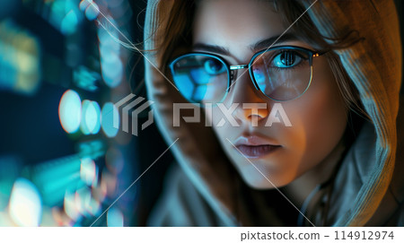 A close-up portrait of a young female computer programmer looking at the code 114912974