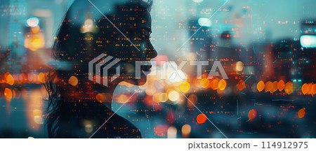 A woman overlaid with cityscape and data. The intersection of urban life and digital information A woman overlaid with cityscape and data. The intersection of urban life and digital information 114912975