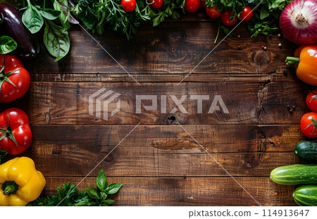 many different vegetables on a wooden table, rustic style, minimalistic 114913647