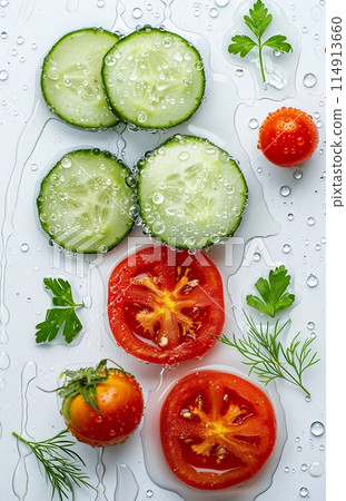 slices of cucumbers and tomatoes with greenery in drops of water, white background 114913660