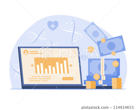 Online Investment on Laptop Computer with Stack of Money for Healthcare and Medical Industry Investment Concept Illustration 114914653
