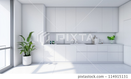 Minimalist kitchen: White cabinets/countertops for a sleek, spacious feel. 114915131