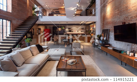 Contemporary Loft: Spacious with exposed brick, sleek furniture for a minimalist feel. 114915221