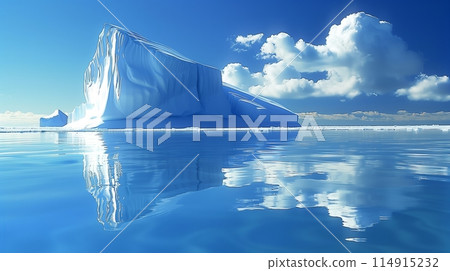 Majestic icebergs reflect in calm Arctic waters, showing stunning views. 114915232