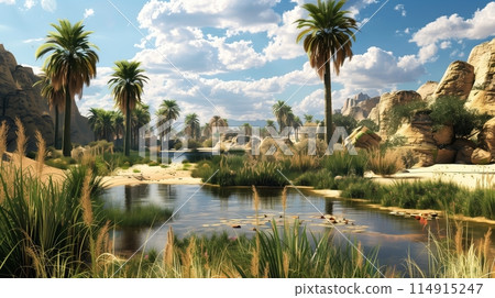 Oasis blooms in the desert, providing lush sanctuary in arid land. Oasis blooms in the desert, providing lush sanctuary in arid land. 114915247