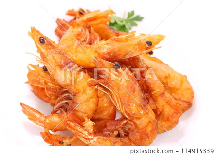 Deep fried shrimp with shells, snack, bright background Deep fried shrimp with shells, snack, bright background 114915339