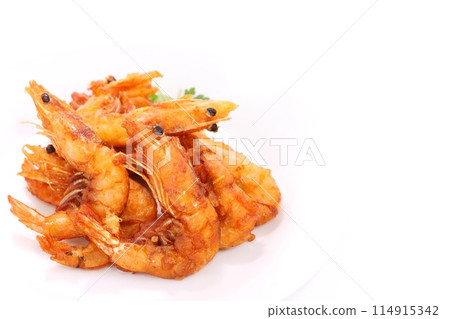 Deep fried shrimp with shells, snack, bright background Deep fried shrimp with shells, snack, bright background 114915342